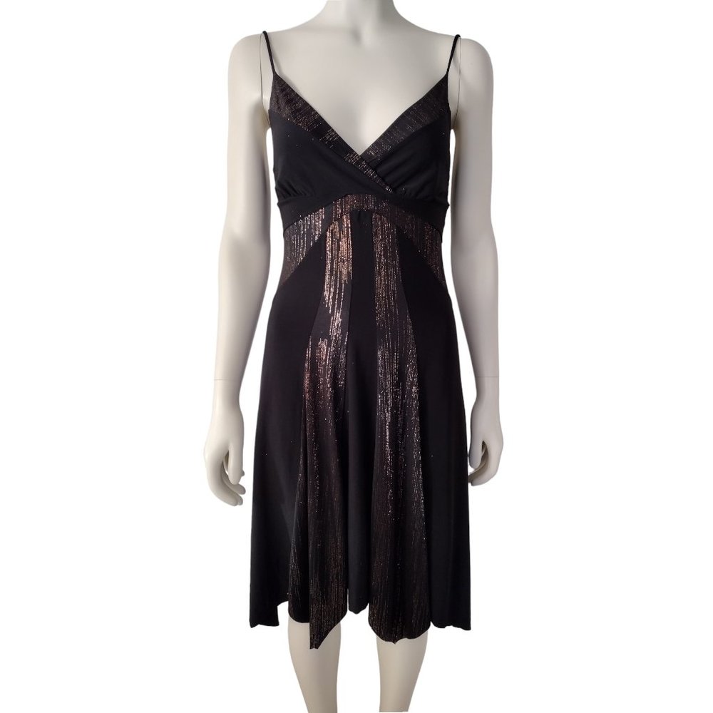 Vintage 1990s Black Jersey Glitter Striped Handkerchief A Line Dress M